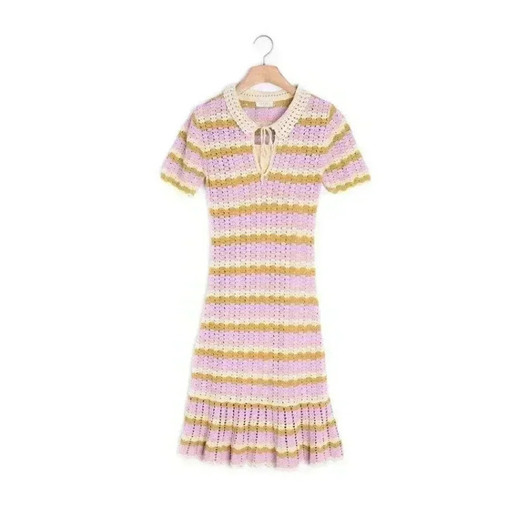 Sandro Multicoloured crochet polo mini dress 38 US 6 S M knit stripe Ethel multi - Picture 6 of 12